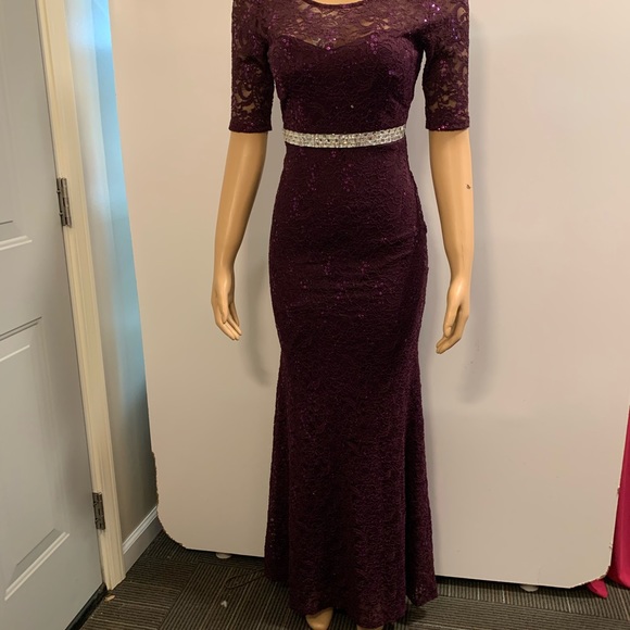 Women junior prom purple lace sequins bodycon mermaid maxi dress size (S) - Picture 3 of 14